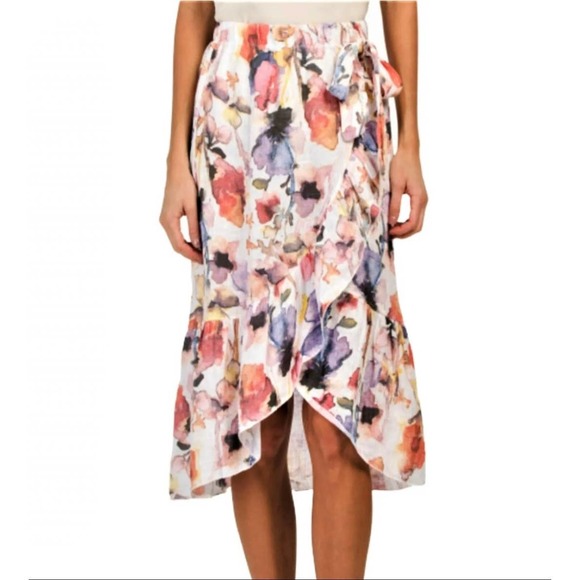 PIAZZA DEL TEMPIO Linen Faux Wrap Midi Skirt M Orange Purple Floral Ruffle EUC! - Picture 1 of 8